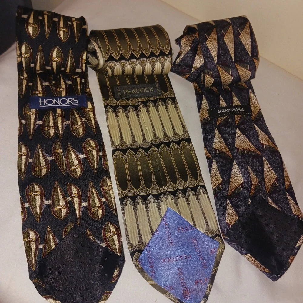 3‎ Vintage Silk Business Career Ties Peacock Elizabeth Nell Honors Geometric